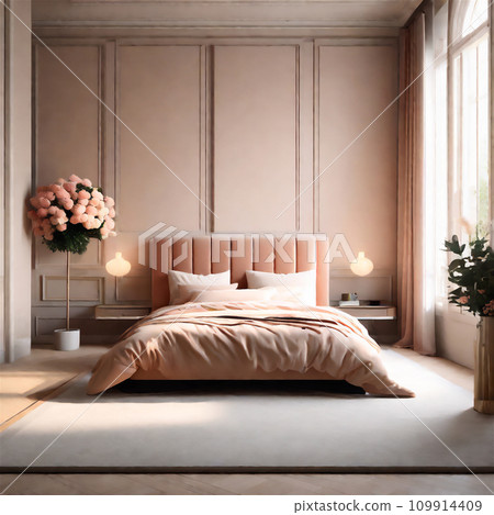 Bedroom or a hotel room in a trendy Peach Fuzz color. 109914409
