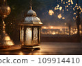 Arabic candle lantern with glowing light. 109914410