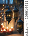 Beautiful Arabic candle lanterns with glowing light. 109914411