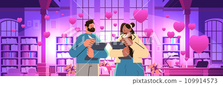 man woman couple in love reading books in library with pink hearts happy valentines day celebration concept 109914573