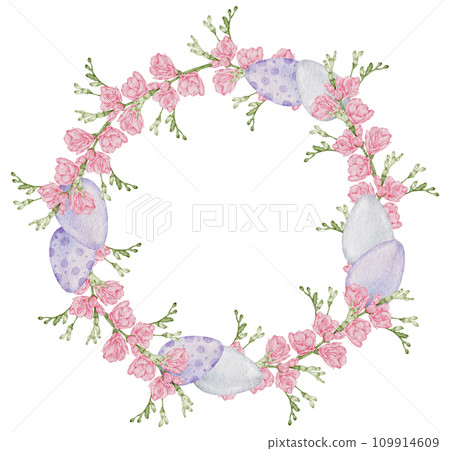 Easter wreath with eggs watercolor clipart 109914609
