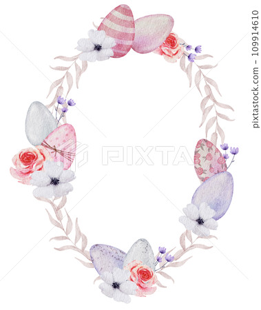 Easter wreath with eggs watercolor clipart 109914610