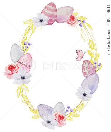 Easter wreath with eggs watercolor clipart Easter wreath with eggs watercolor clipart 109914611