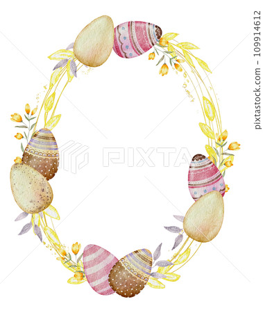 Easter wreath with eggs watercolor clipart 109914612