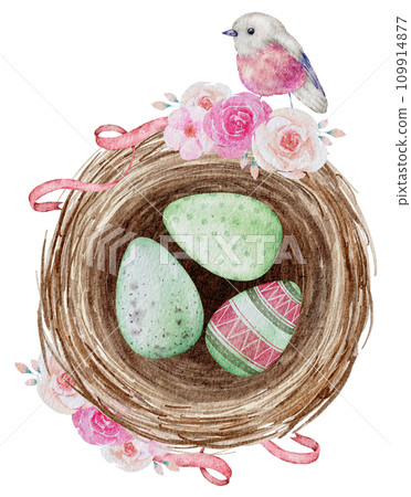 Easter eggs in nest watercolor clipart Easter eggs in nest watercolor clipart 109914877