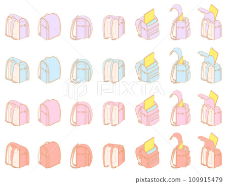 Vector illustration set: School bags seen from various angles_color variations 109915479