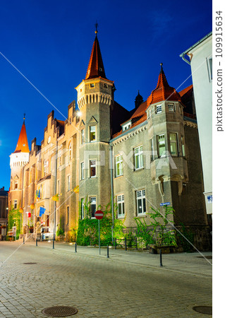 2022-08-29. Night illumination of the 19th century Walbrzych Town Hall in neo-Gothic style, Lower Silesia. Walbrzych, Poland 109915634