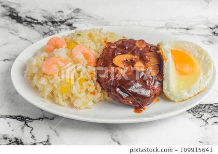 Shrimp pilaf and hamburger lunch 109915641