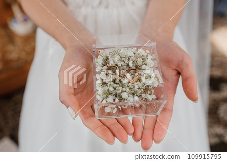 Gold ring with a diamond on a woman's hand. Gold ring on the bride's hand Gold ring with a diamond on a woman's hand. Gold ring on the bride's hand 109915795