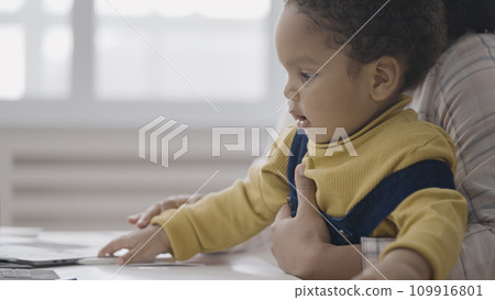 Working mother holding toddler on lap and having online video call, work form home 109916801