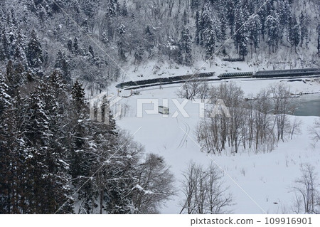 冬季 信州JR飯山線（國道117號矢垂大橋）沿著千曲川雪原行駛的單節普通列車 109916901