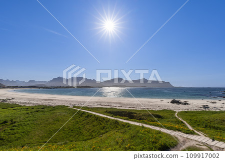 Sun gleaming over Jusnesvika Bay with path through green grass Rambergstranda beach, Lofoten, Norway 109917002