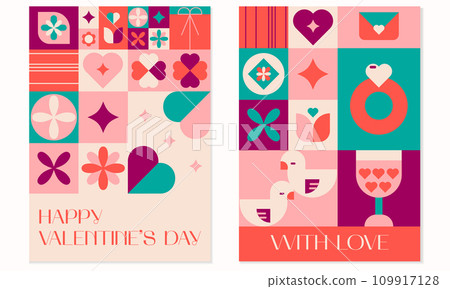 Happy Valentines day geometric abstract greeting card, poster set.Mosaic background bauhaus style Happy Valentines day geometric abstract greeting card, poster set.Mosaic background bauhaus style 109917128