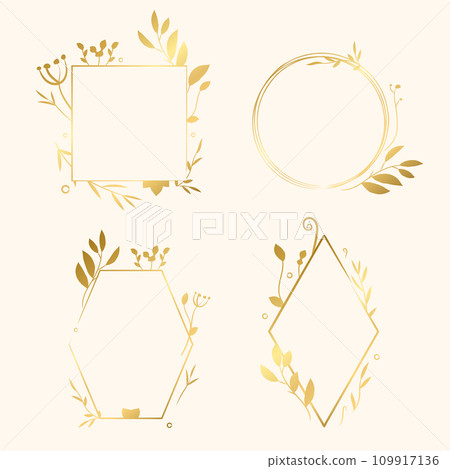 Set of gold vector hand drawn logo design elements, geometric floral frames,borders,wreaths. Golden colored hand drawing 109917136