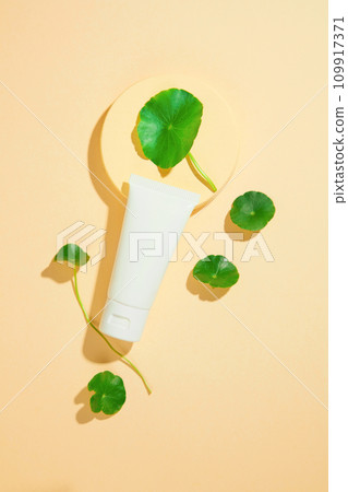 Vegan cosmetic concept with pennywort extract. Top view of an unlabeled plastic tube stands out on a pastel background. Copy space for ads. Mockup. 109917371
