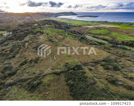 Aerial view of Castlegoland hill by Portnoo - County Donegal, Ireland. 109917423