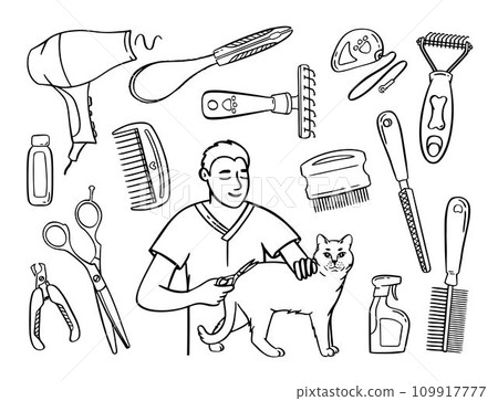Pet grooming set. Salon for animals. Doodle style animal and character hand drawn. Vector illustration. Pet grooming set. Salon for animals. Doodle style animal and character hand drawn. Vector illustration. 109917777