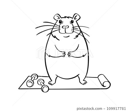 A cute capybara does yoga. Vector illustration hand drawn. For coloring books, postcards, templates. A cute capybara does yoga. Vector illustration hand drawn. For coloring books, postcards, templates. 109917781