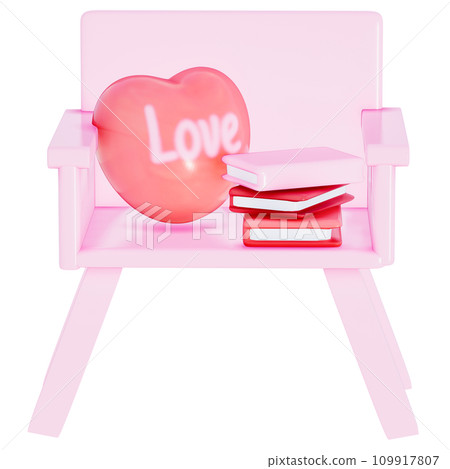 Valentine decoration small chair and a stack of love-themed books on a transparent background, 3D rendering 109917807