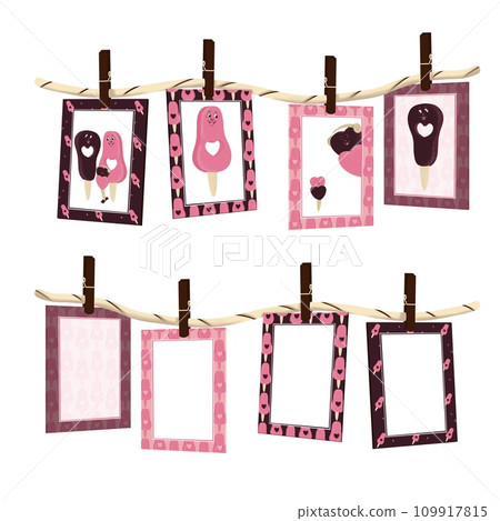 Photo frames for pictures hang on a rope attached with clothespins. Photo frames for pictures hang on a rope attached with clothespins. 109917815