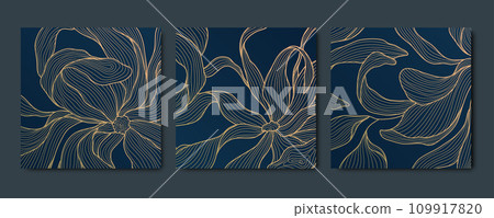 Vector set of art deco abstract luxury golden square cards, post templates for social net, leaves botanical modern, art deco wallpaper backgrounds. Floral line patterns. 109917820