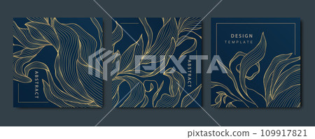 Vector set of art deco abstract luxury golden square cards, post templates for social net, leaves botanical modern, art deco wallpaper backgrounds. Floral line patterns. 109917821