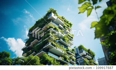 Sustainable green building in modern city. Green architecture. Eco-friendly building. Sustainable residential building with vertical garden reduce CO2. Apartment with green environment. Generative AI. 109917887