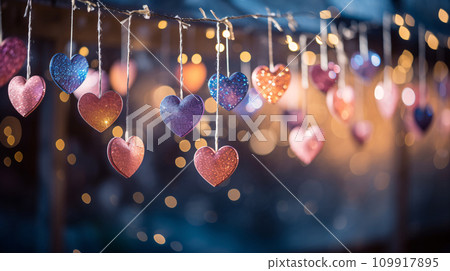 Valentine's Day background. Heart shape decor on a blurred Background for Valentine's Day. Romantic heart shape hanging for Valentine's Day celebration. Celebrate love with heart shape. Generative AI. Valentine's Day background. Heart shape decor on a blurred Background for Valentine's Day. Romantic heart shape hanging for Valentine's Day celebration. Celebrate love with heart shape. Generative AI. 109917895