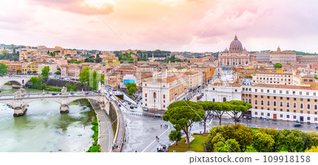 Vatican City with St. Peter's Basilica. Panoramic skyline view from Castel Sant'Angelo, Rome, Italy. 109918158