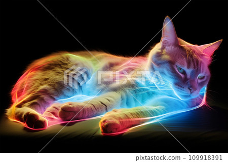 Cat sleeping on holografic rainbow lights, digital kitten 109918391