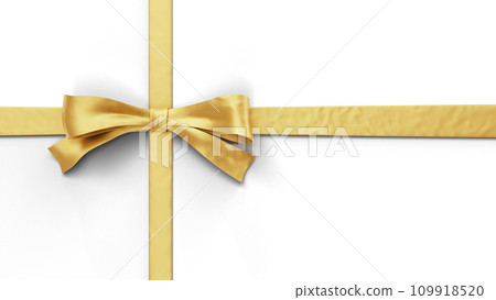 Gift Golden Ribbon with Bow. Top View Mockup Template for Christmas, Easter, Valentines Day and Birthday Decor Isolated on White Background. 3D Illustration. File with Clipping Path. 109918520