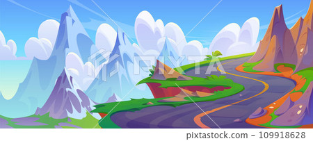 Winding mountain road with warning sign Winding mountain road with warning sign 109918628