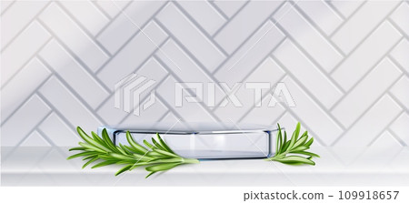 Round glass platform with rosemary branch 109918657