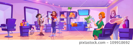 Women in beauty salon with furniture and equipment 109918692
