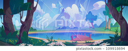 Summer rainy landscape with wooden pier on lake Summer rainy landscape with wooden pier on lake 109918694