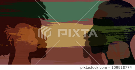 Profile silhouettes people African and African-American. Black history month event. People with black skin. Racial equality. African ethnicity. Copy space banner flag background. Inclusion 109918774