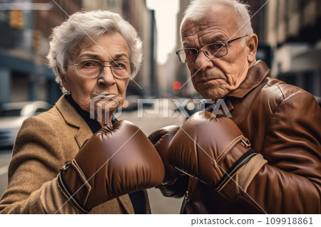 Pensioners boxing on street in USA. Grandmother boxing with grandfather. 109918861