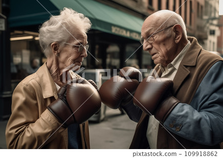 Pensioners boxing on street in USA. Grandmother boxing with grandfather. 109918862
