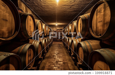 Wine barrels in a wine cellar. Oak Wine Barrels in winemaking and Winery Barrel room. Wine barrels in a wine cellar. Oak Wine Barrels in winemaking and Winery Barrel room. 109918871