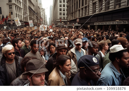 Protest rally in World crisis. Crowds of unemployed people on street during rally. Protest rally in World crisis. Crowds of unemployed people on street during rally. 109918876