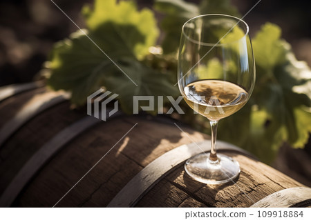 Wine Glass with Chardonnay Grapevine tasting. Vino Degustation in wine cellar. Wine Glass with Chardonnay Grapevine tasting. Vino Degustation in wine cellar. 109918884