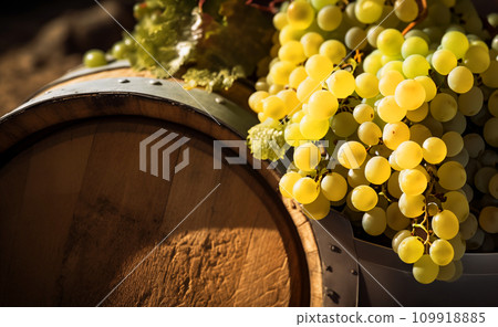 Wine Glass with Chardonnay Grapevine tasting. Vino Degustation in wine cellar. Wine Glass with Chardonnay Grapevine tasting. Vino Degustation in wine cellar. 109918885