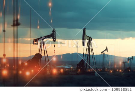 Oil drill rig and drilling derrick. Crude oil Pumpjack on oilfield on sunset.  109918891