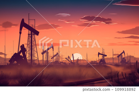 Oil drill rig and drilling derrick. Crude oil Pumpjack on oilfield on sunset. Oil drill rig and drilling derrick. Crude oil Pumpjack on oilfield on sunset. 109918892