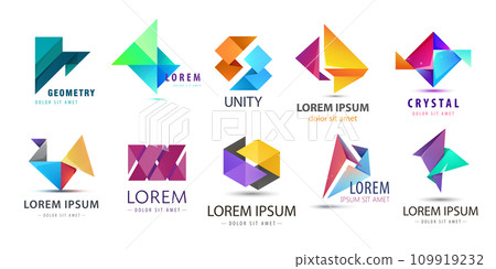 Vector set of abstract logo design, geometric technology icons, business 3d shapes collection. Origami, crystal forms and dual emblems. Vector set of abstract logo design, geometric technology icons, business 3d shapes collection. Origami, crystal forms and dual emblems. 109919232