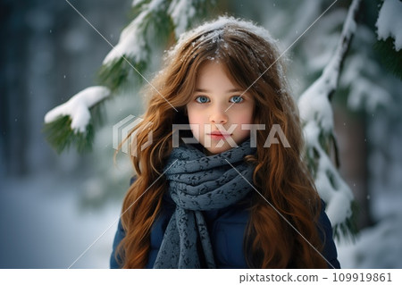 AI-generated content. Little girl in magic snowy winter forest 109919861