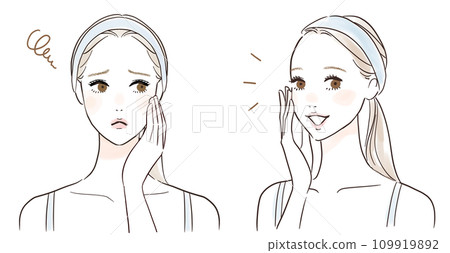 一組憂心忡忡的女人和一位微笑的女人,她們無法觸摸自己的皮膚 一組憂心忡忡的女人和一位微笑的女人,她們無法觸摸自己的皮膚 109919892