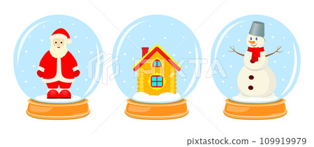 Vector illustration. Collection of magic glass balls. Santa Claus, snowman and house. New Year and Christmas illustration 109919979