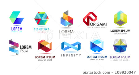 Vector set of abstract origami, geometric logos. Company business design elements, hexagon shapes, graphic signs 109920047