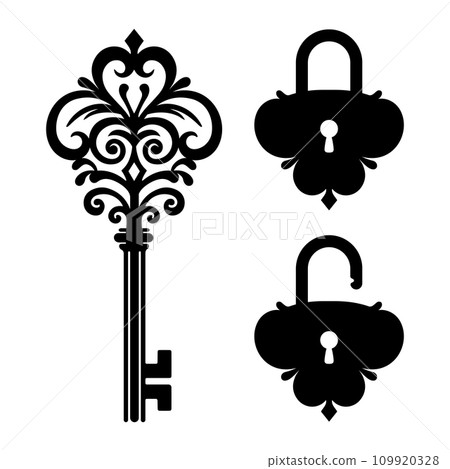 Abstract Old Door Key Shape Black and White Vector Icon 109920328